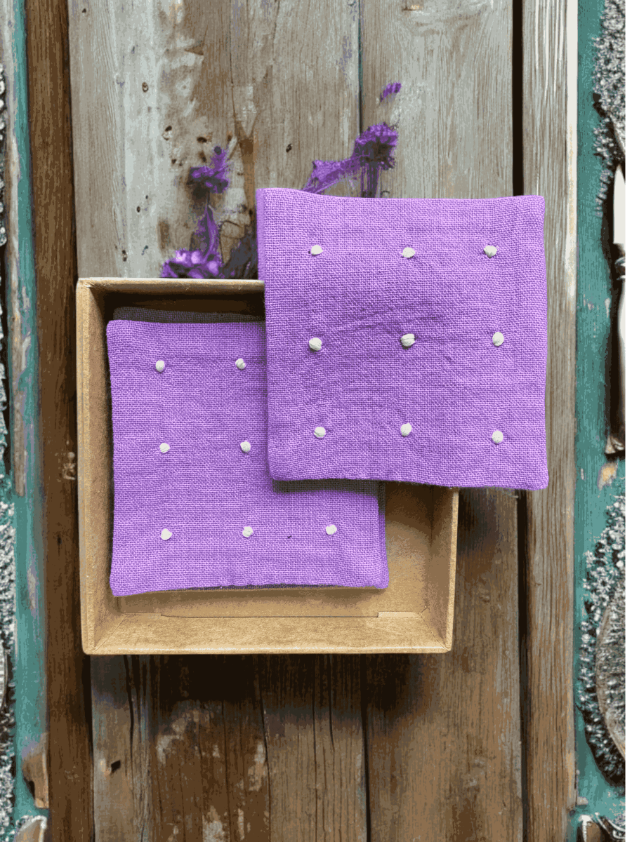 100% Cotton Anthophile Coaster Set of 2 – Handmade Floral – Coasters by Inara Home available on Brown Living™. Lavender . SKU: INCL01. Img 6.