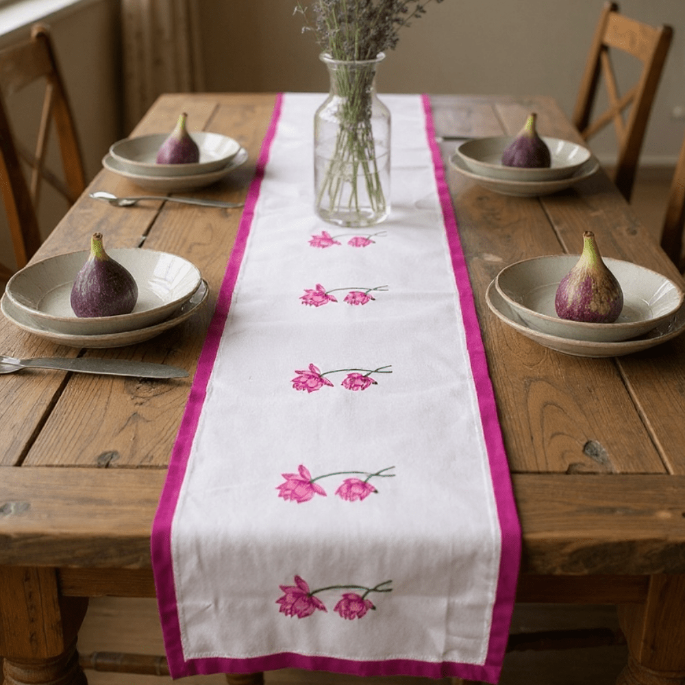 100% Cotton Handblocked Lotus 6 Seater Dining Table Runner – Table Linens on Brown Living™. SKU: RUNNERONLY - LOTUS - 6FEET. Img 6.