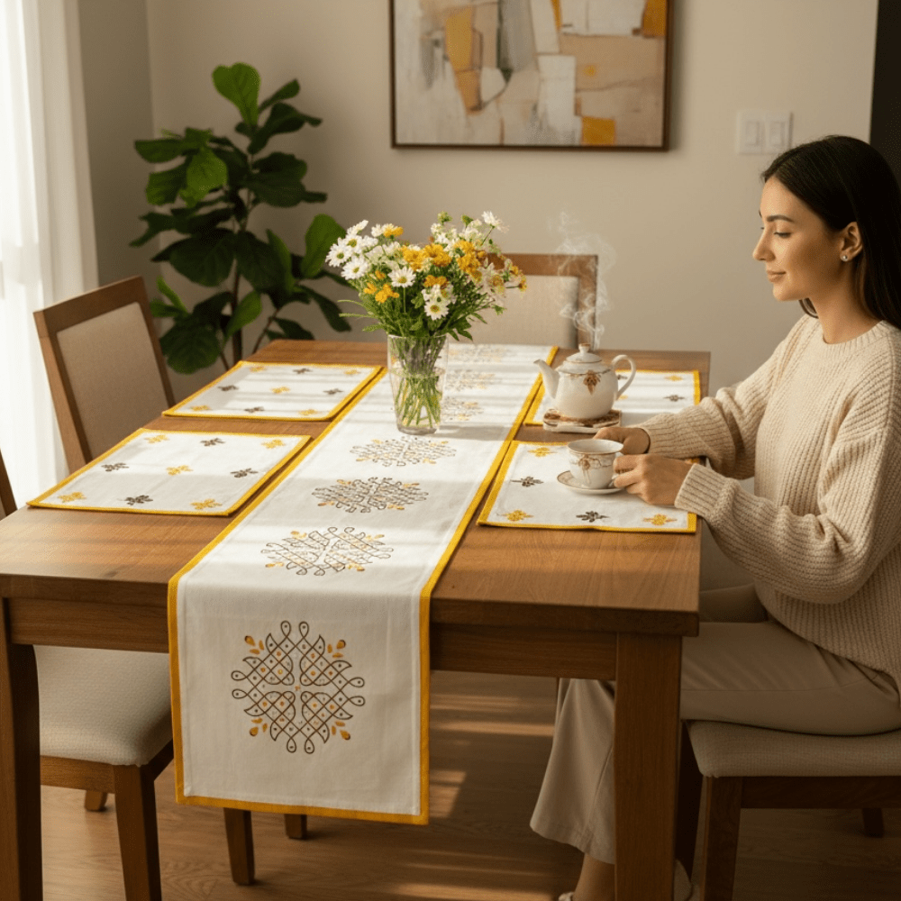 100% Cotton Kollam Table Runner for 6 Seater Dining Table – Table Linens on Brown Living™. SKU: RUNNERONLY - KOLLAM6FEET. Img 5.