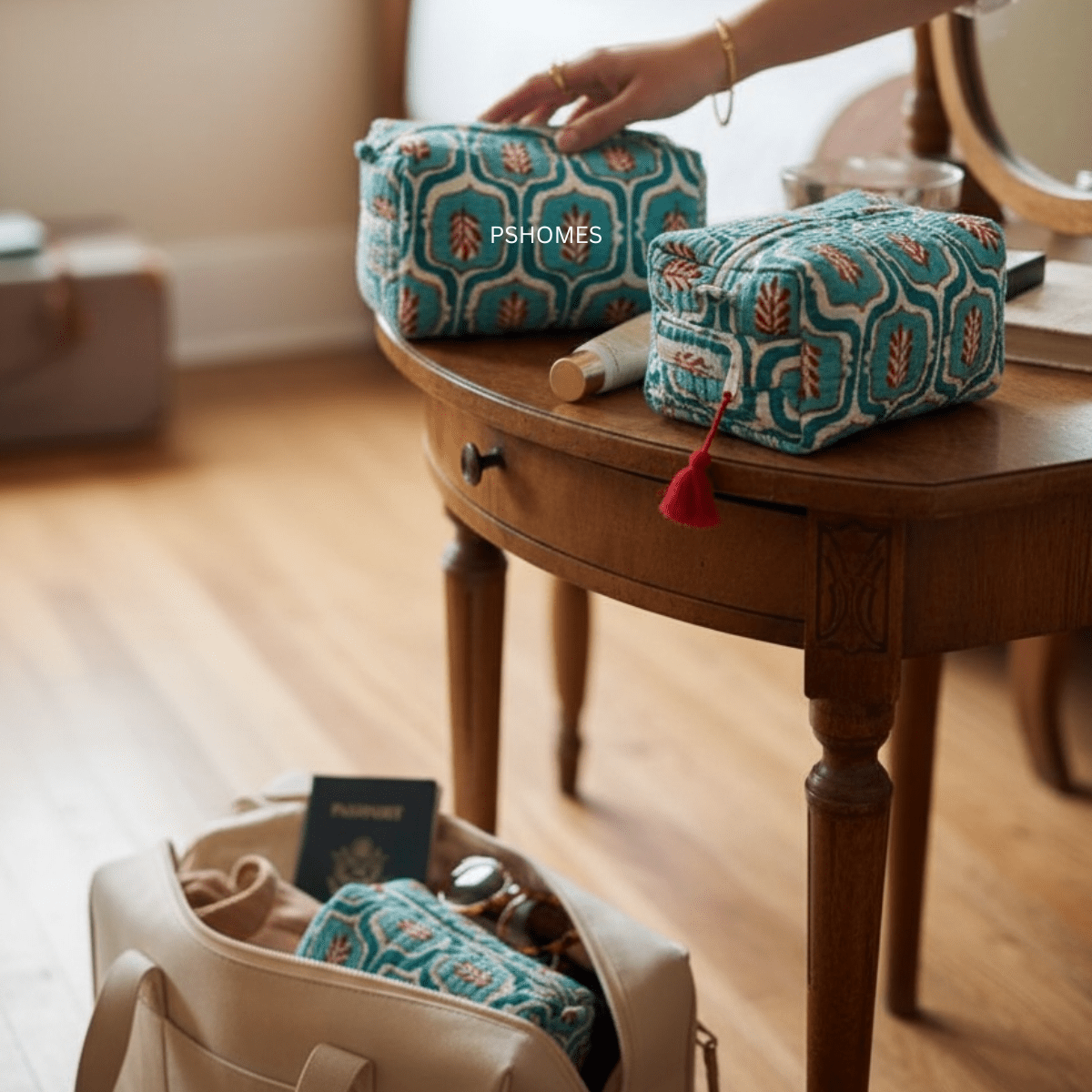 100% Cotton Quilted Travel Makeup Bag Set – Waterproof Thick Lining – Travel Organiser on Brown Living™. SKU: 3POUCH-HERITAGEGREEN. Img 10.