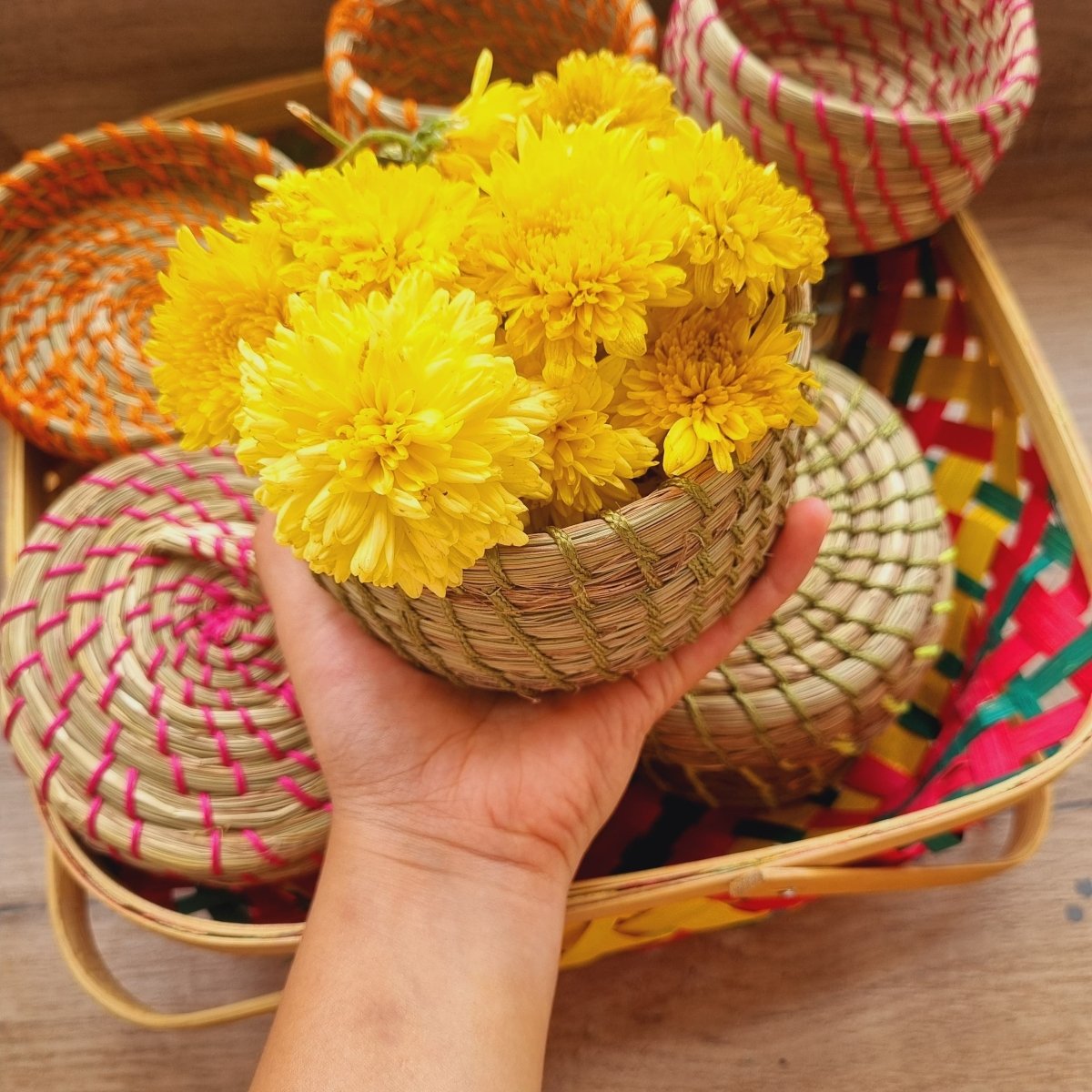 100% Eco - Friendly Handcrafted Sabai Grass Basket By Tribal Community – Baskets & Boxes on Brown Living™. SKU: Ruby14106. Img 1.