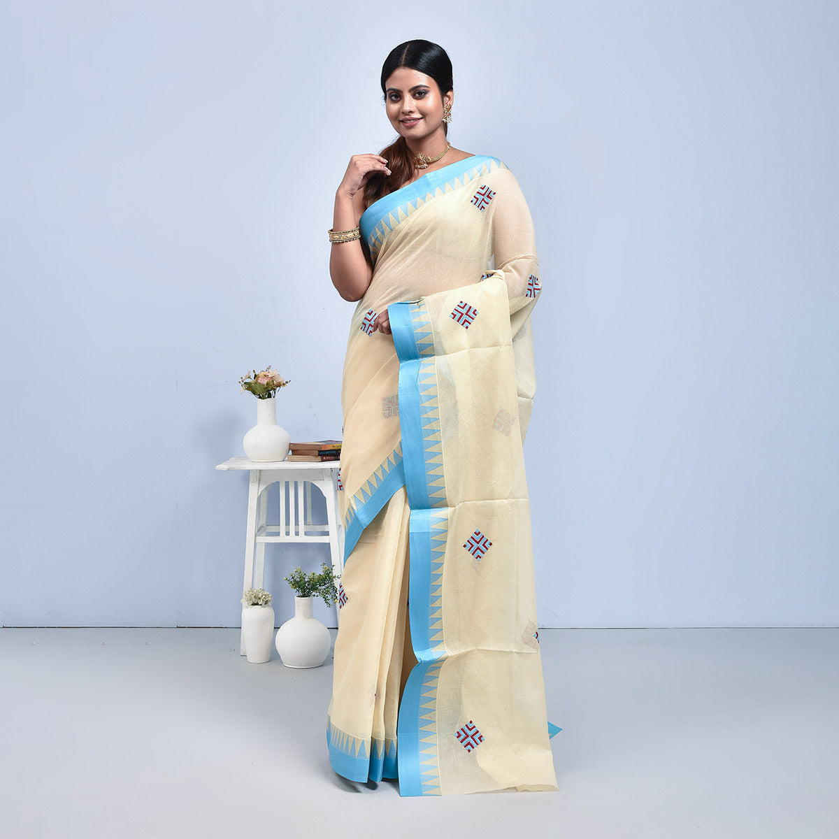 Mercerised Cotton Hand Embroidered Saree