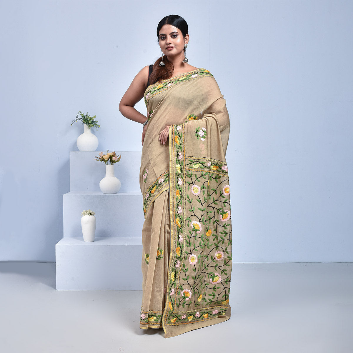 Mercerised Cotton Hand Embroidered Saree