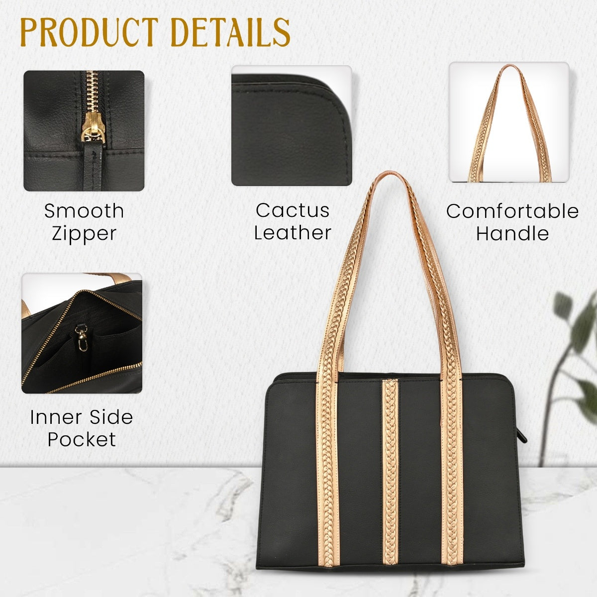 Gaia Vegan Leather Shoulder Bag (Black & Gold)