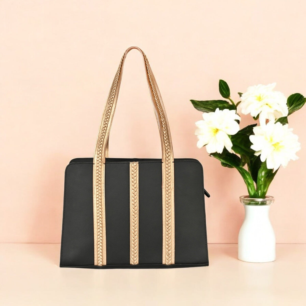 Gaia Vegan Leather Shoulder Bag (Black & Gold)