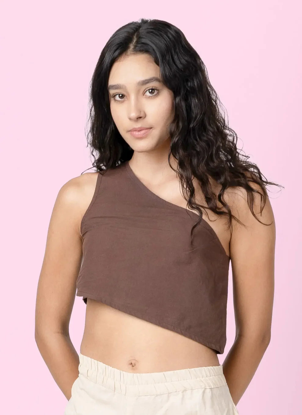 Swish - Brown One Shoulder Sleeveless Crop Top