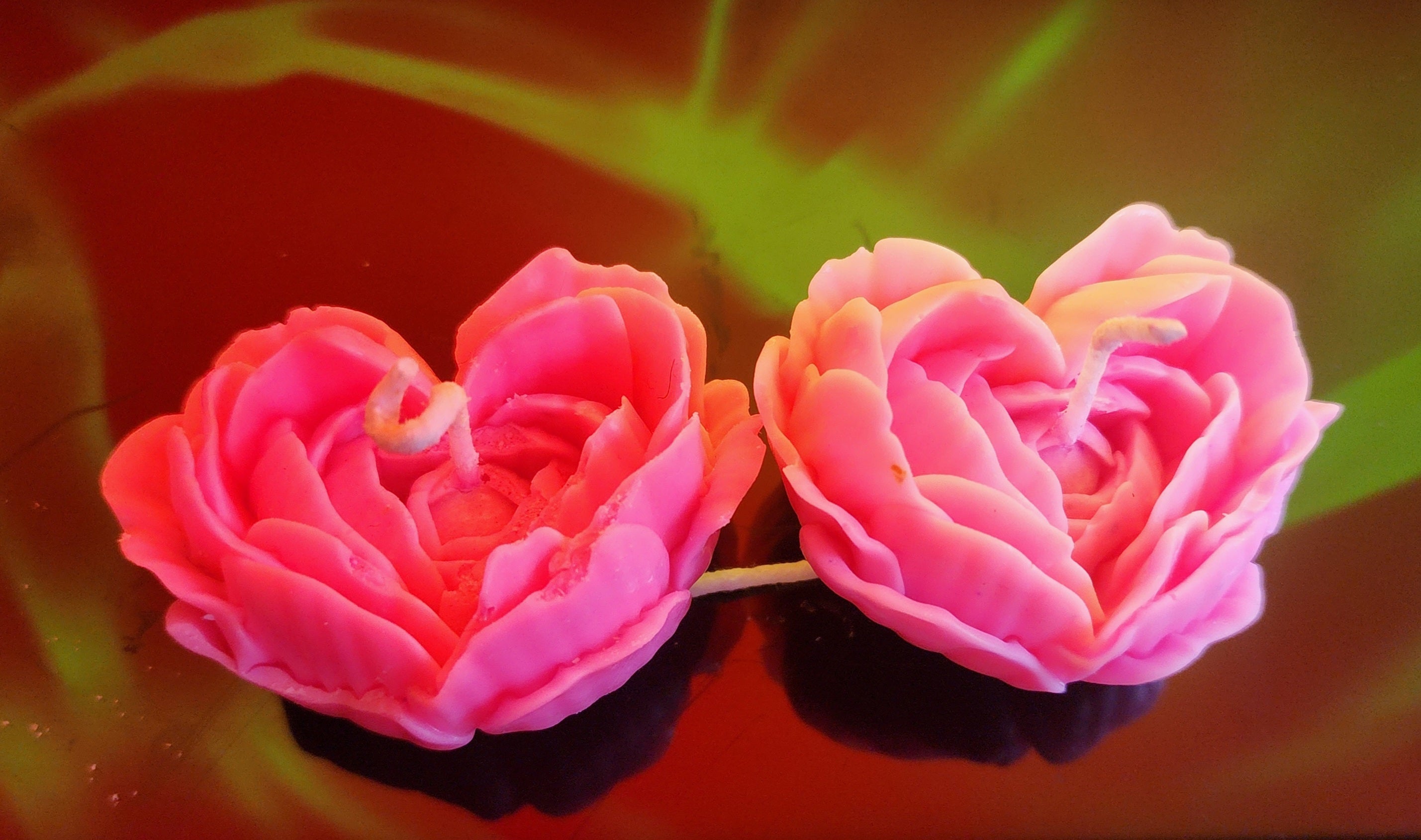 Pink Heart Rose Flower Candles – Set of 2 | Decorative Floral Design