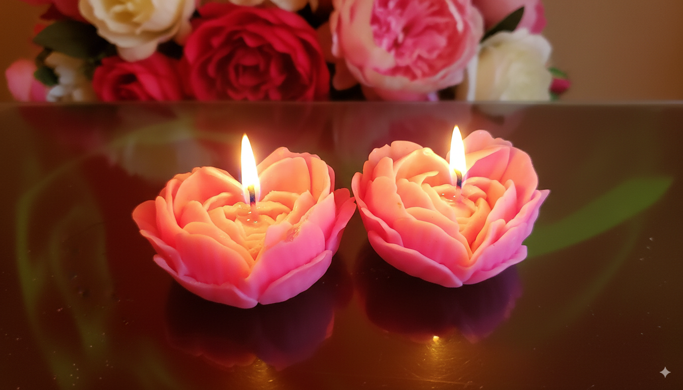Pink Heart Rose Flower Candles – Set of 2 | Decorative Floral Design