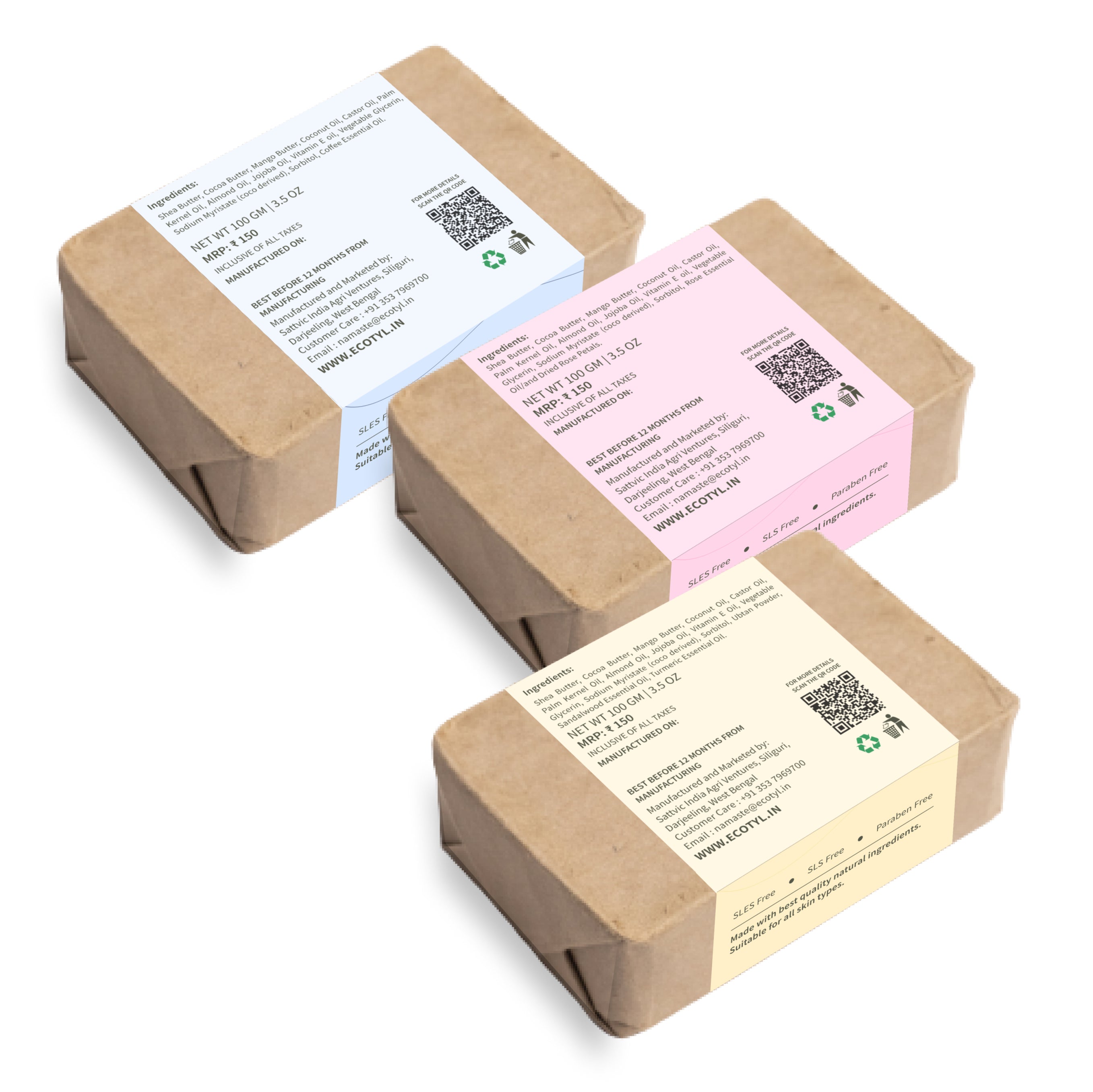 100% Natural Shea Butter Soaps Ubtan, Rose & Coffee Set of 3