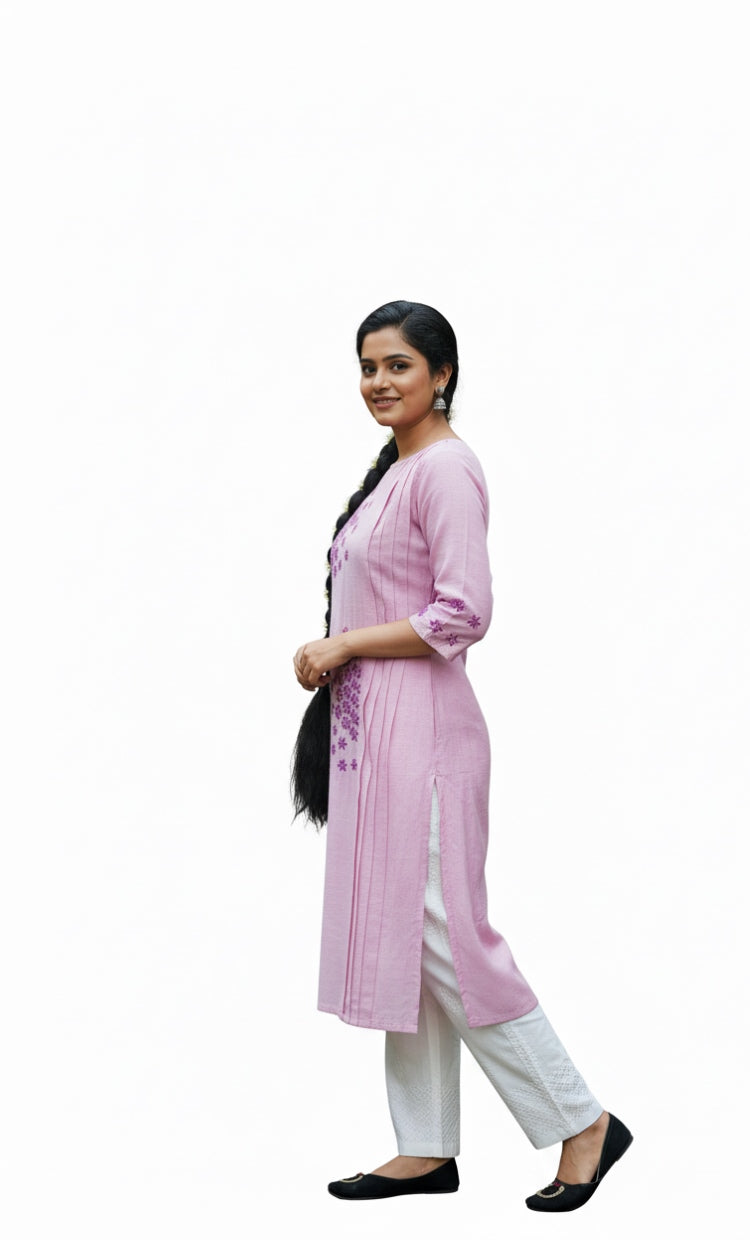 Lilac Bloom Linen Chikankari Kurta –Elegant Ethnic Wear for Women
