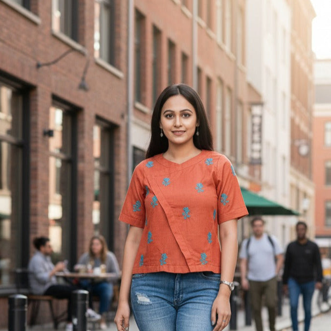 Terracotta Blossom Cotton Layer Top –Stylish Women's Wear