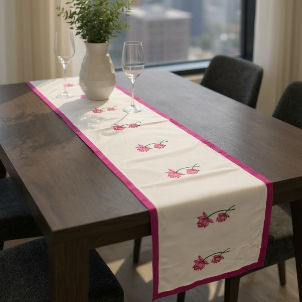 100% Cotton Handblocked Lotus 6 Seater Dining Table Runner