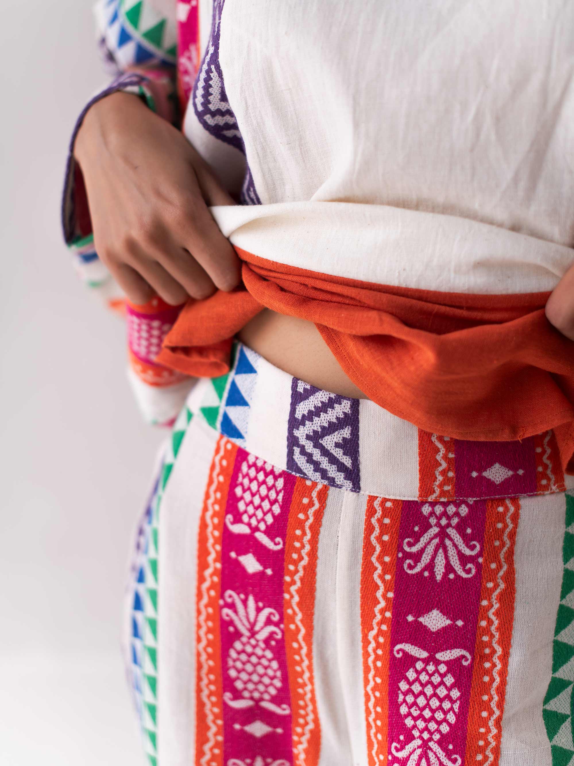 Multicolored Cotton Jacquard Scalloped Straight Pants for Women