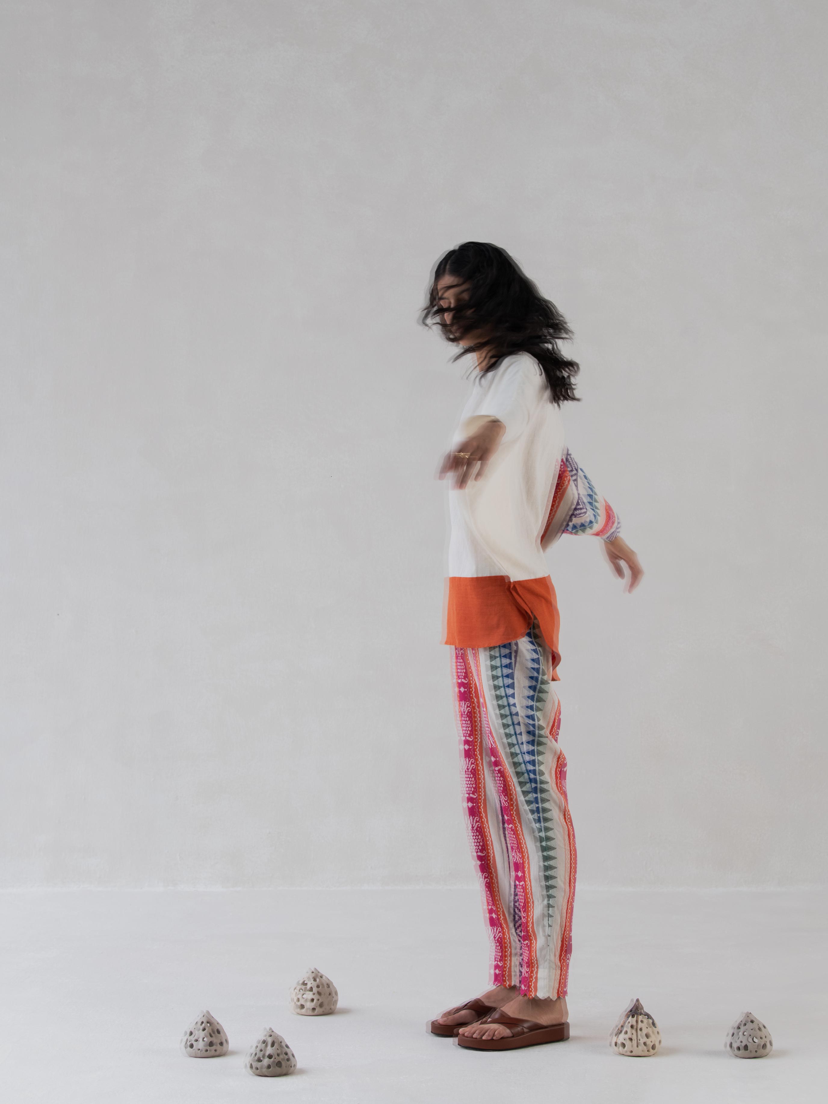 Multicolored Cotton Jacquard Scalloped Straight Pants for Women