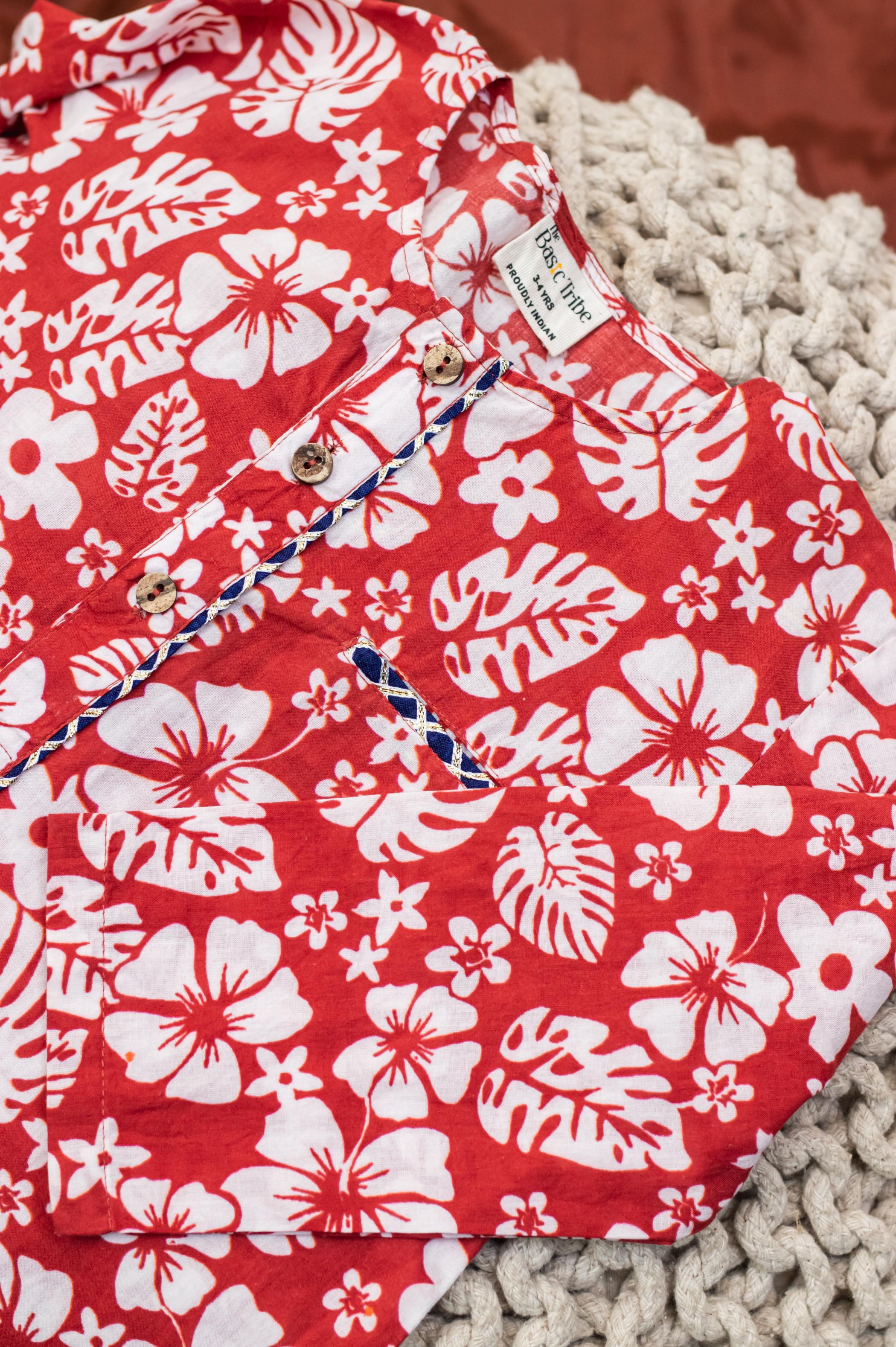 Rang Do Lal Kurta | Leaf Print Red Cotton Kurta for Boys