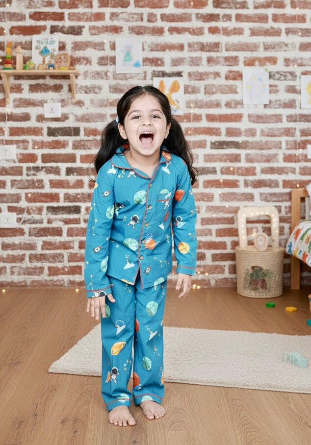 100% Cotton Cosmic Cuddles Kids Collar Night Suit Set