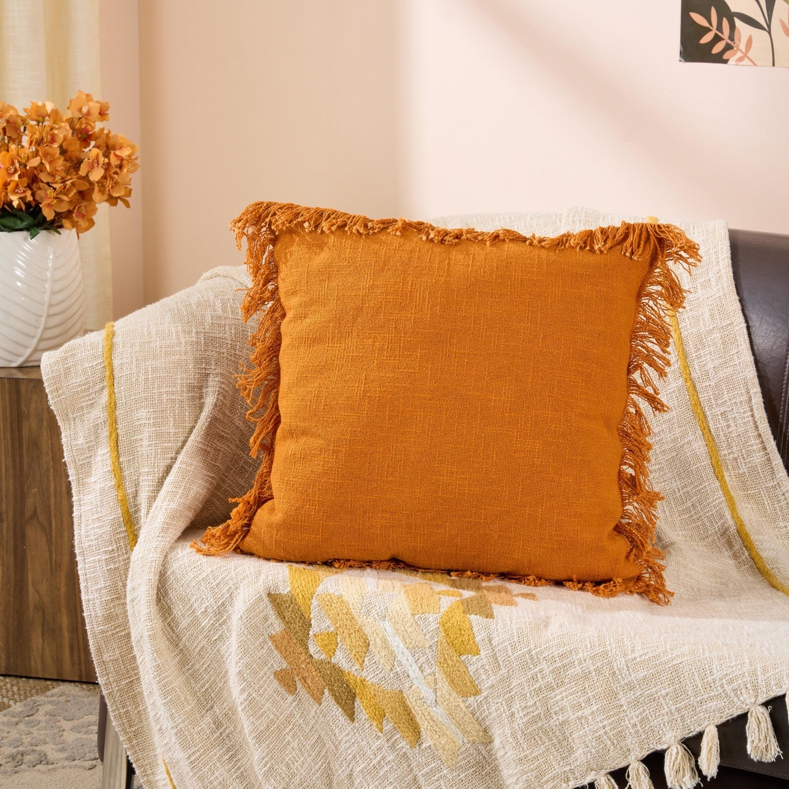 Fringes Elegance Cotton Cushion | Textured Decorative Cushion