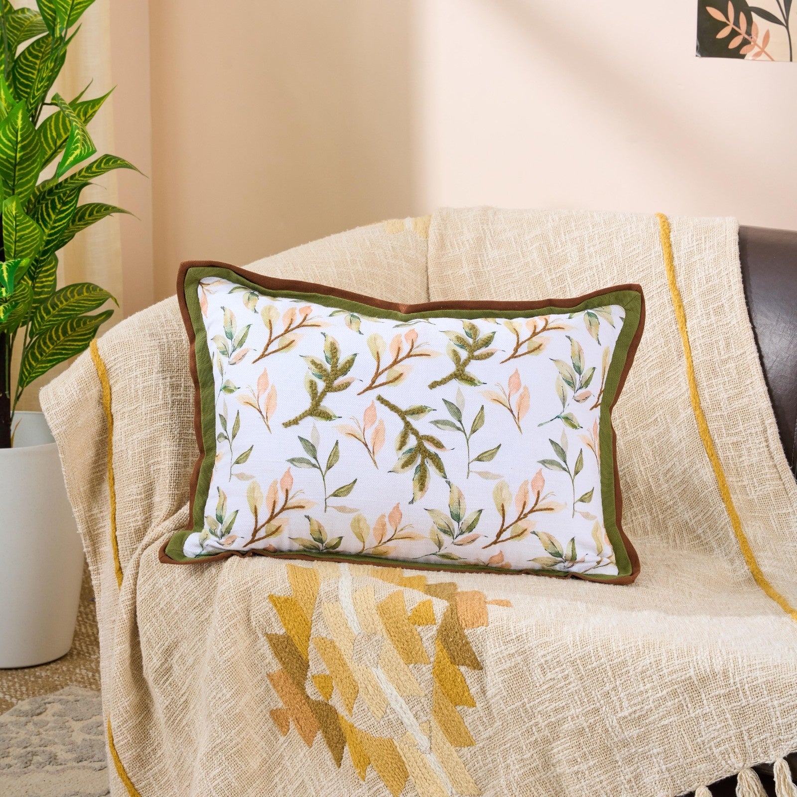 Leafy Shades Nature Charm Cushion | Botanical Decorative Accent Cushio
