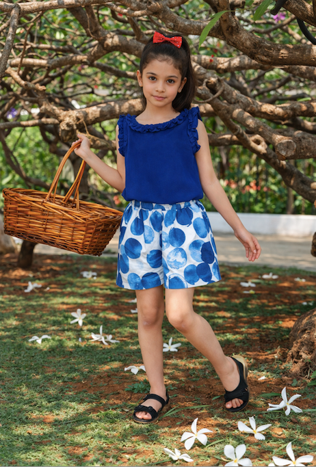 Royal Blue Top & Printed Shorts Set For Girls | Regular Fit