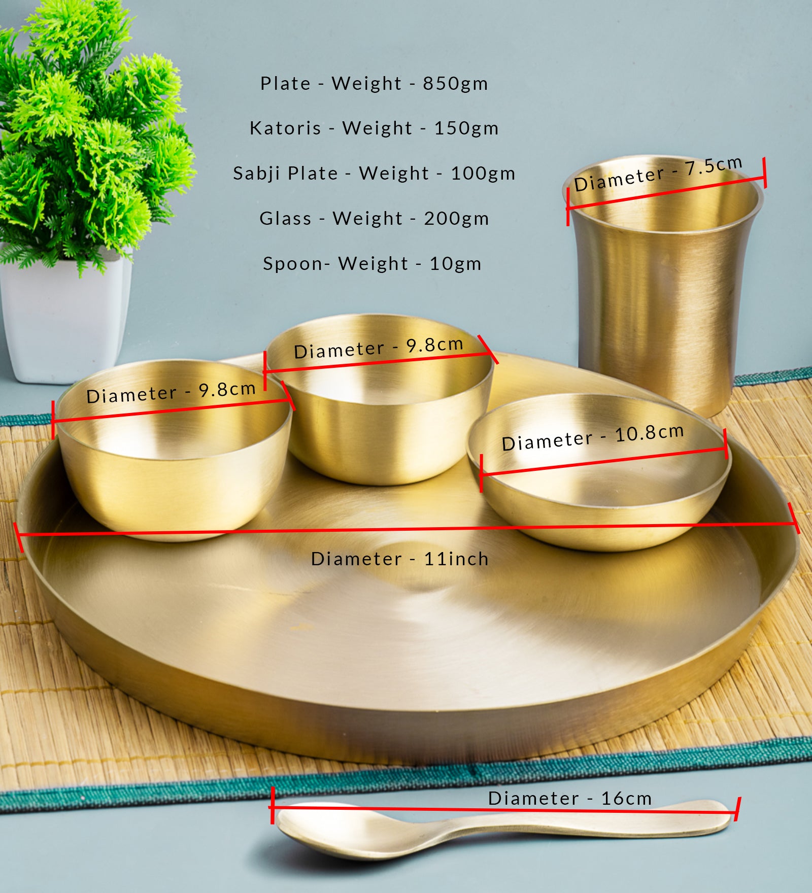 Matt Finish Handmade Bronze Thali Plate- Complete Set