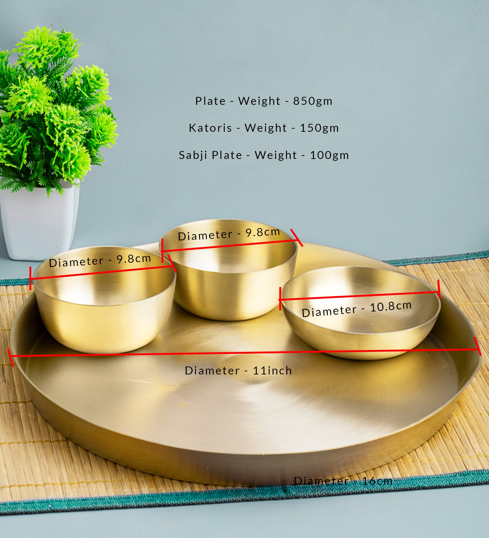 Matt Finish Handmade Bronze Thali Plate with 3 Katories/ Bowls