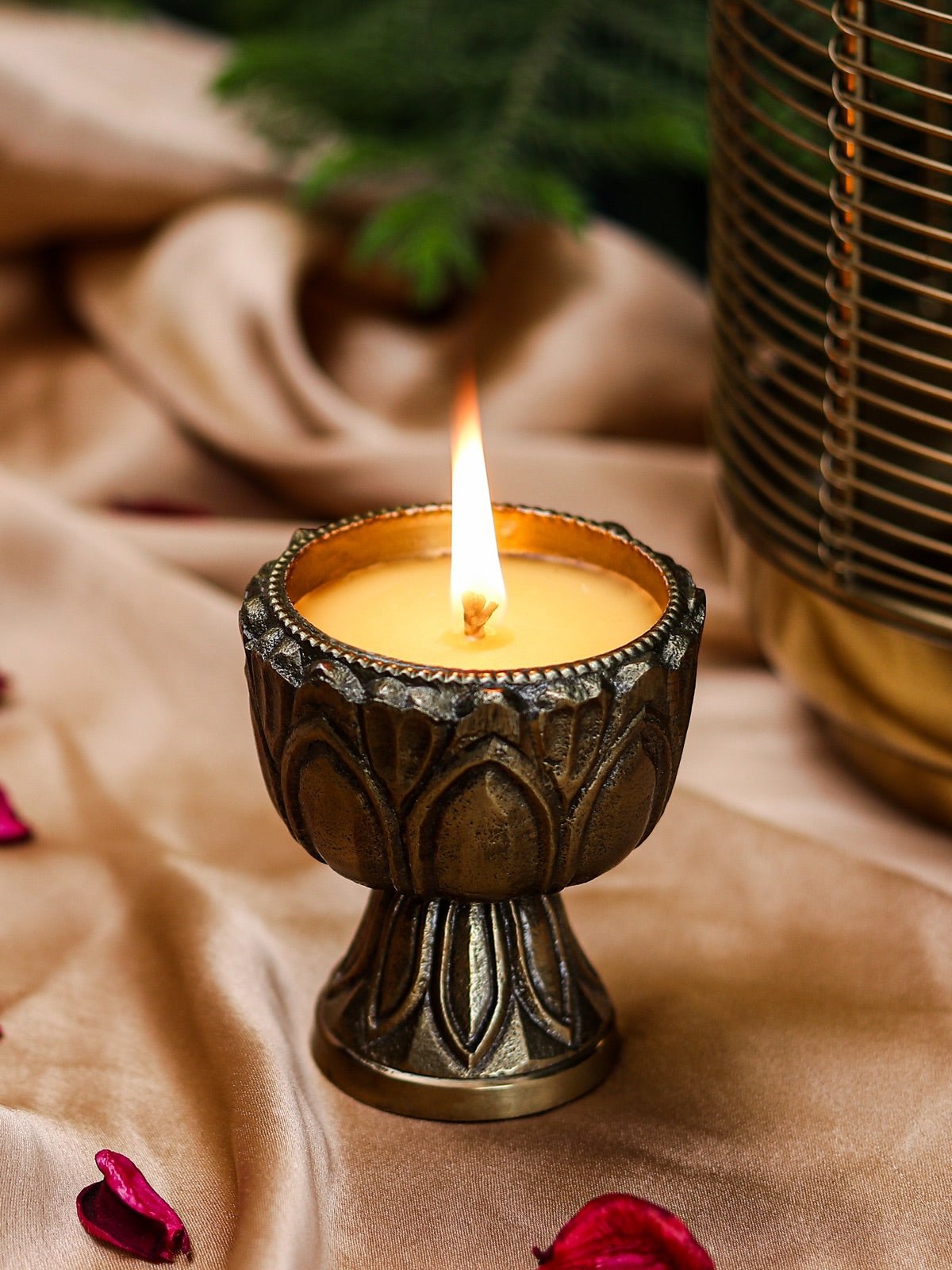 2 Cast Metal Antique Diya Parijat Beeswax Candle Lamp – Candles & Fragrances on Brown Living™. SKU: SN12122. Img 2.