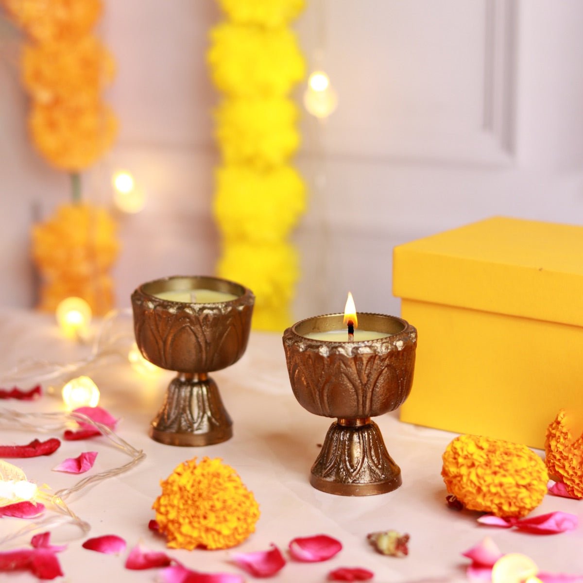 2 Cast Metal Antique Diya Parijat Beeswax Candle Lamp – Candles & Fragrances on Brown Living™. SKU: SN12122. Img 1.
