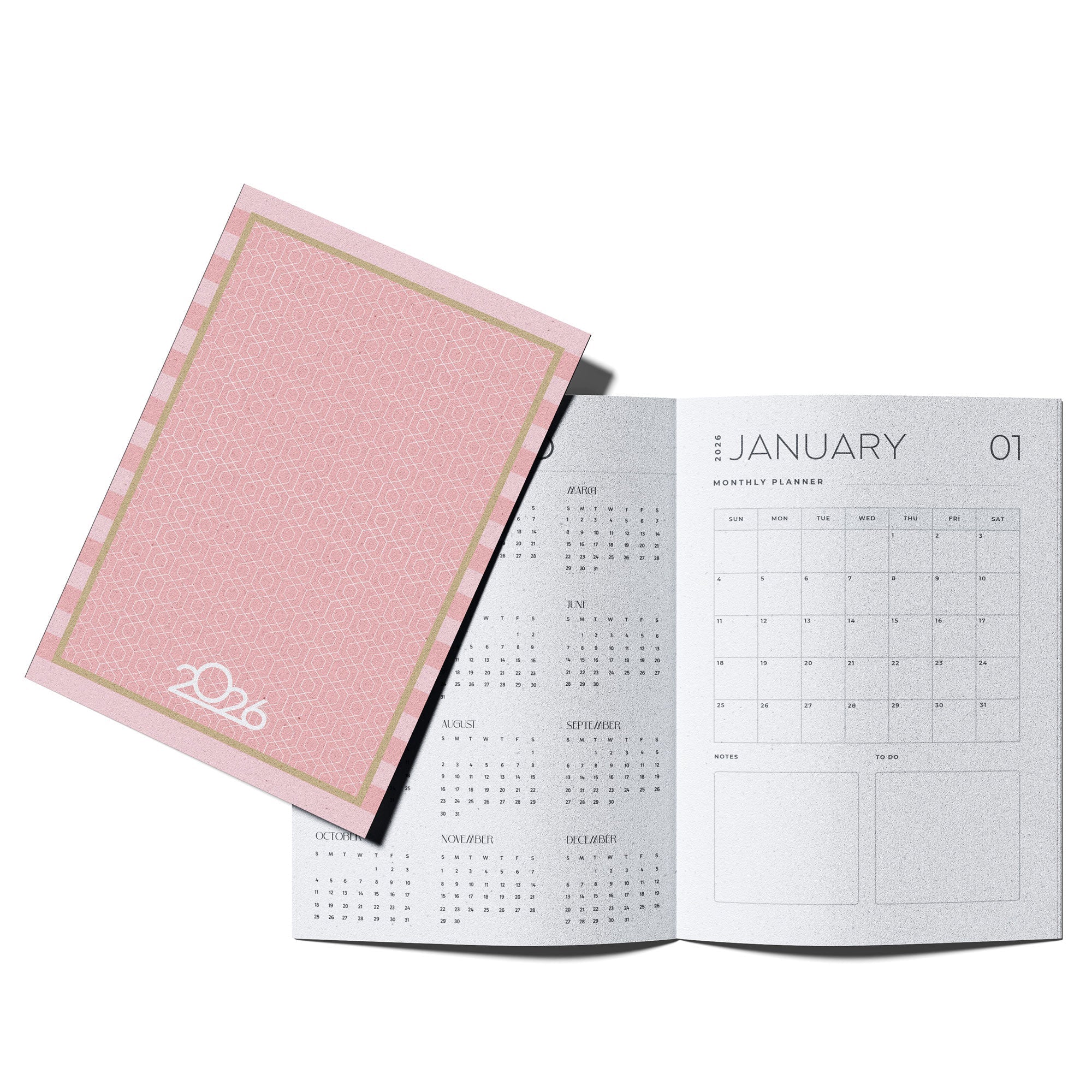 2026 Monthly Planner A4 – Student Desk Notebook | Light Peach Pink – Desk Accessories on Brown Living™. SKU: 07-CA07-Planner4. Img 1.