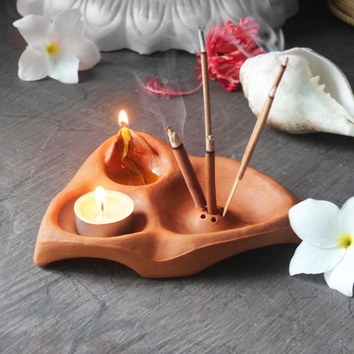 3 In 1 Puja Essential | Terracotta Plain Fire Angle + Complimentary Candles, Cotton Wicks & Agarbatti – Pooja Needs on Brown Living™. SKU: PK - FA - P. Img 1.