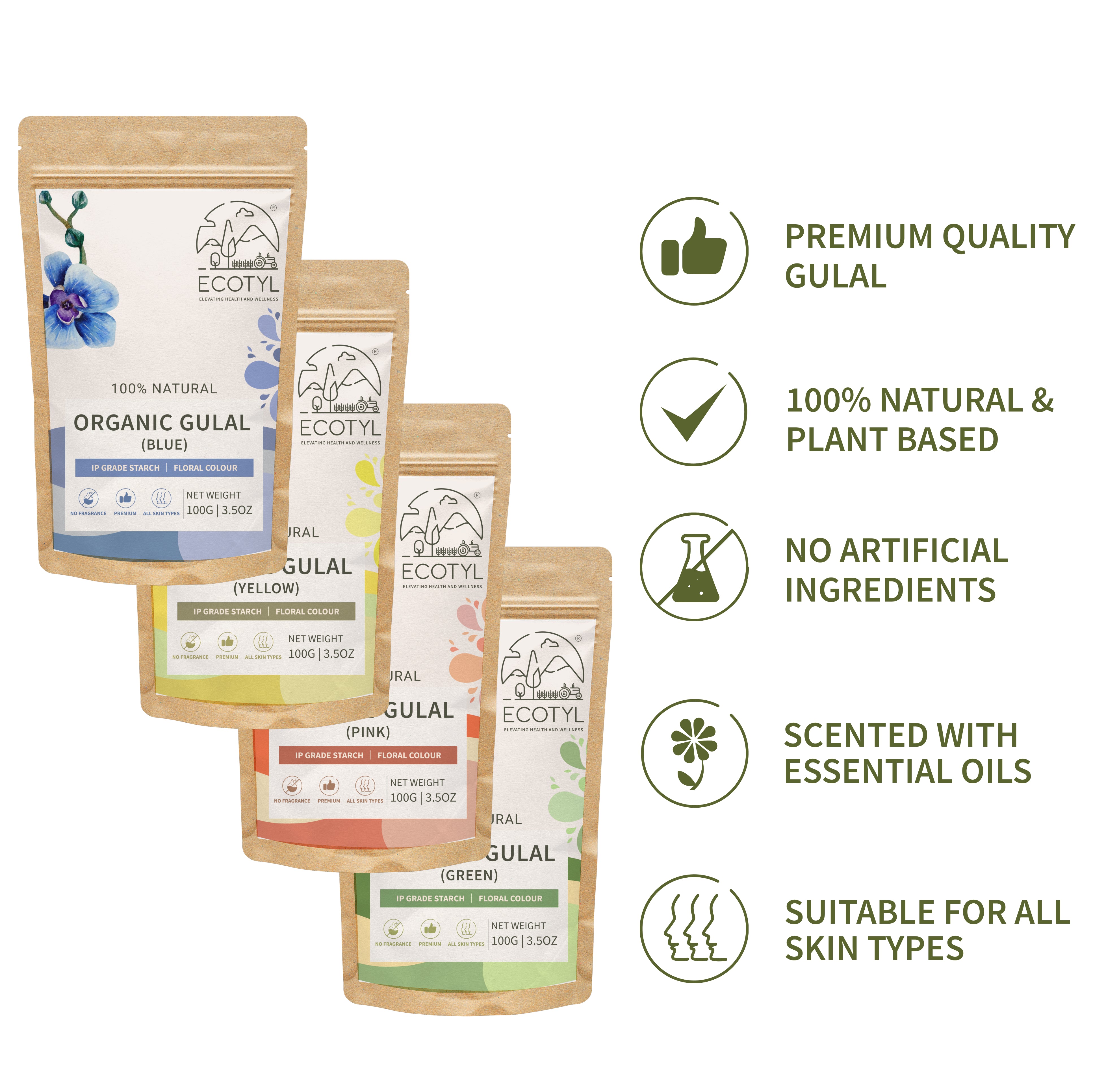 Holi Organic Herbal Gulal | Floral Color & Skin Friendly | Set of 4 Colors (100g Each)