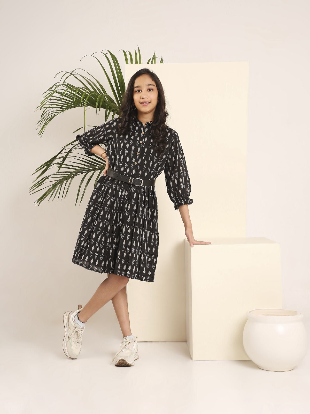 3/4 Sleeve Ikat Skater Dress | Handwoven Cotton Dress for Women – Kids Frocks & Dresses on Brown Living™. SKU: LB01-02-01BM. Img 2.