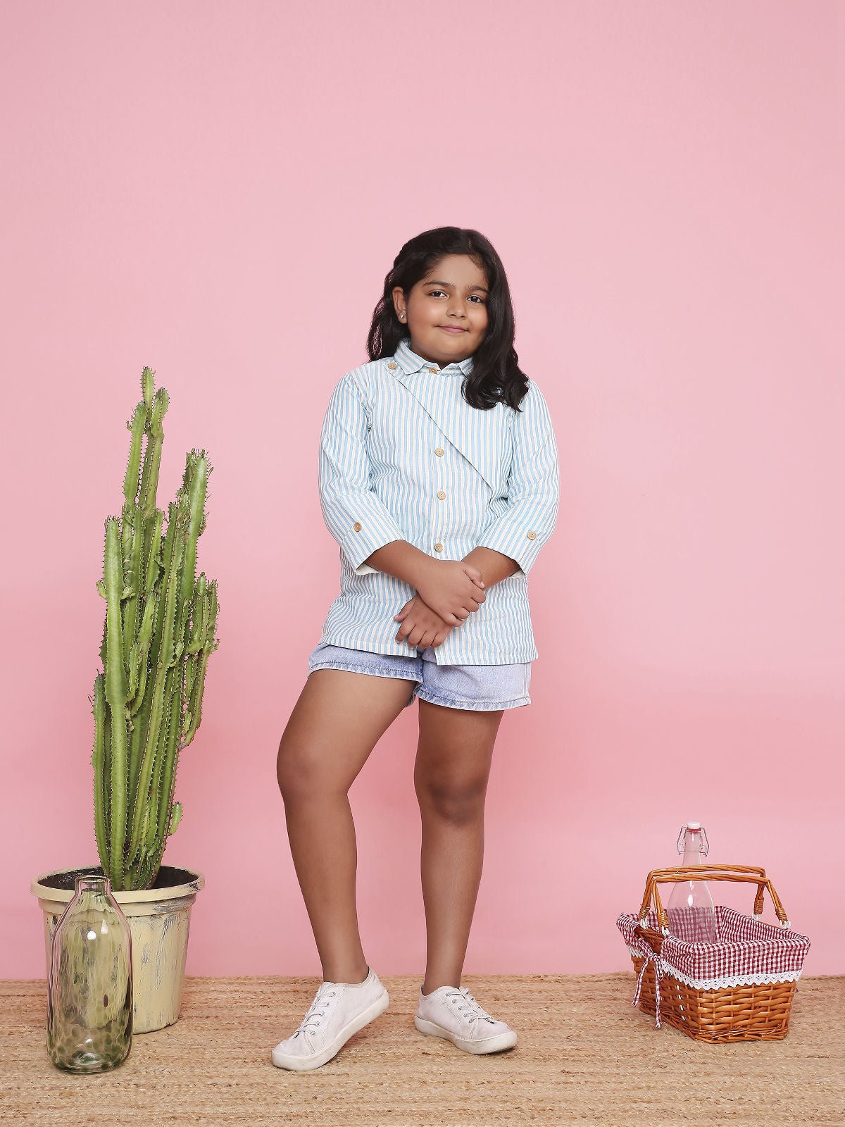 3/4 Sleeve Tailored Stripe Shirt for Girls | Comfortable Cotton Casual – Kids Shirts on Brown Living™. SKU: LB02-02-01BM. Img 1.