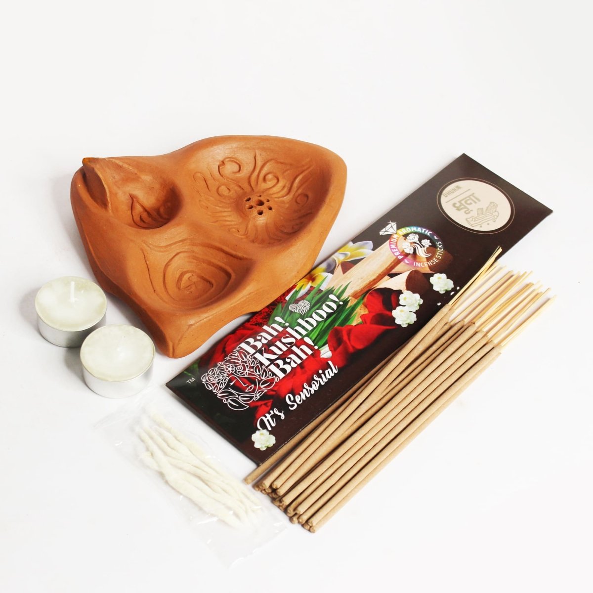 3In 1 Puja Essential | Terracotta Designer Textured Fire Angle + Complimentary Candles, Cotton Wicks & Agarbatti – Pooja Needs on Brown Living™. SKU: PK - FA - D. Img 1.