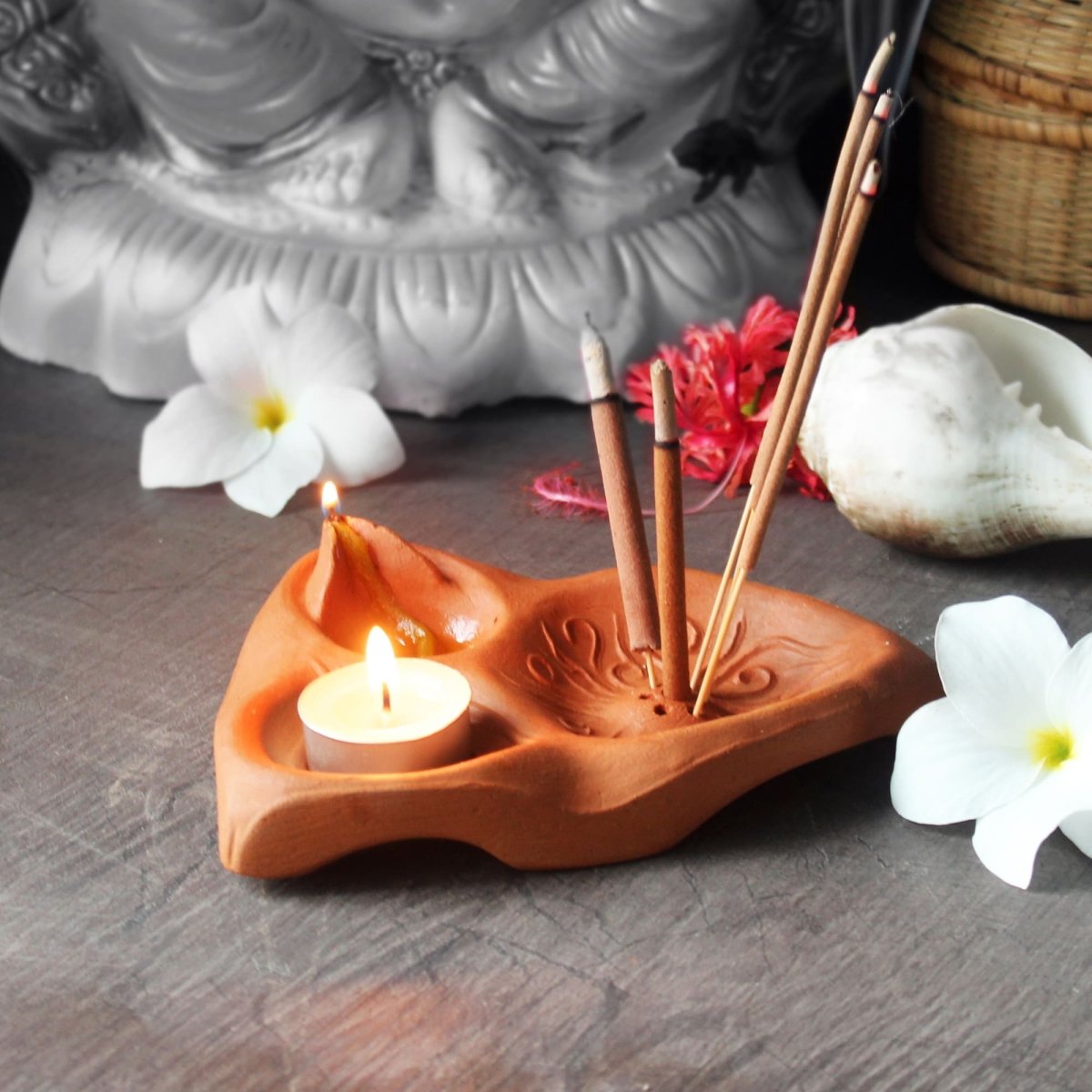 3In 1 Puja Essential | Terracotta Designer Textured Fire Angle + Complimentary Candles, Cotton Wicks & Agarbatti – Pooja Needs on Brown Living™. SKU: PK - FA - D. Img 2.