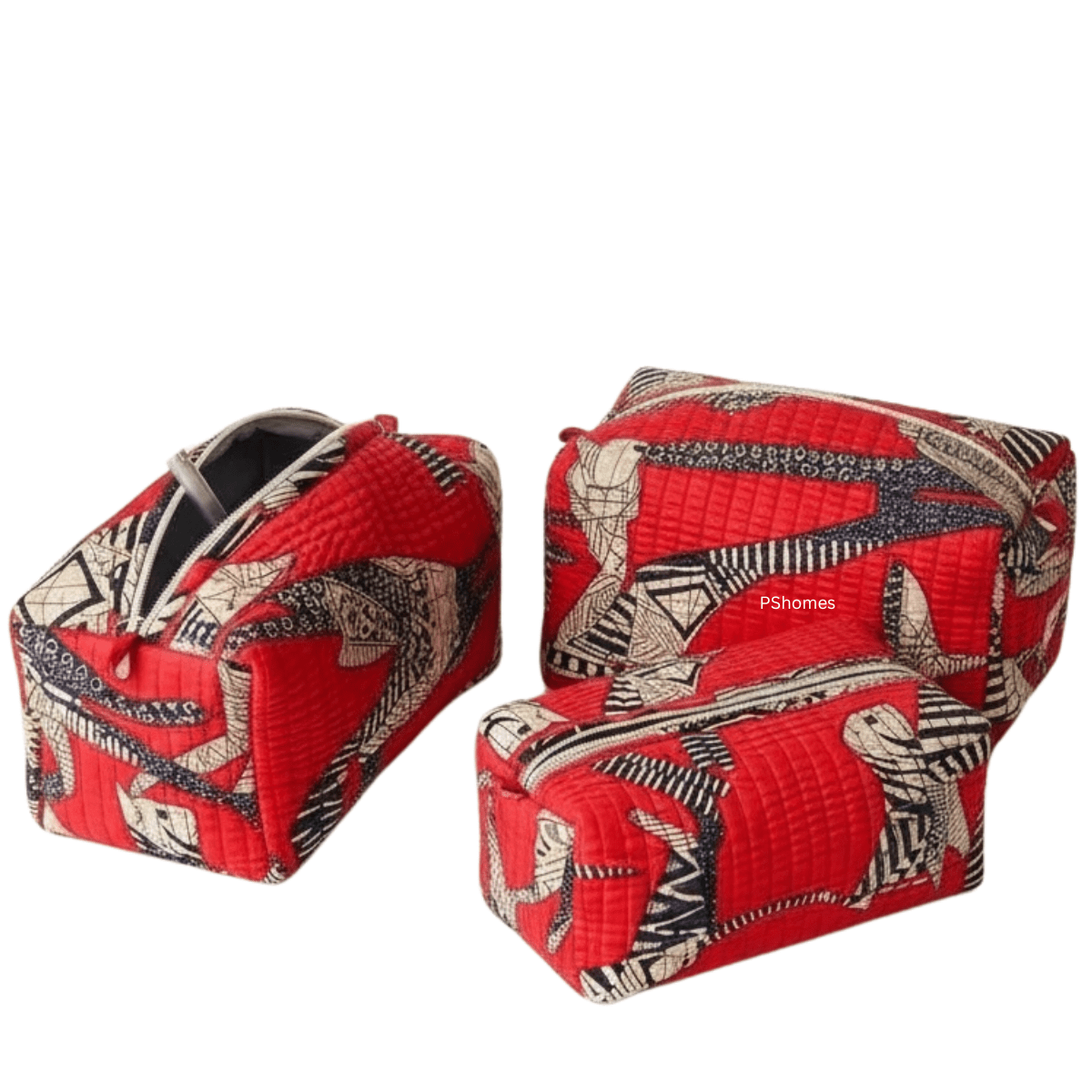 3PC 100% Cotton Quilted Travel Makeup Bag Set– Waterproof Thick Lining – Travel Organiser on Brown Living™. SKU: 3POUCH-REDCAT. Img 22.