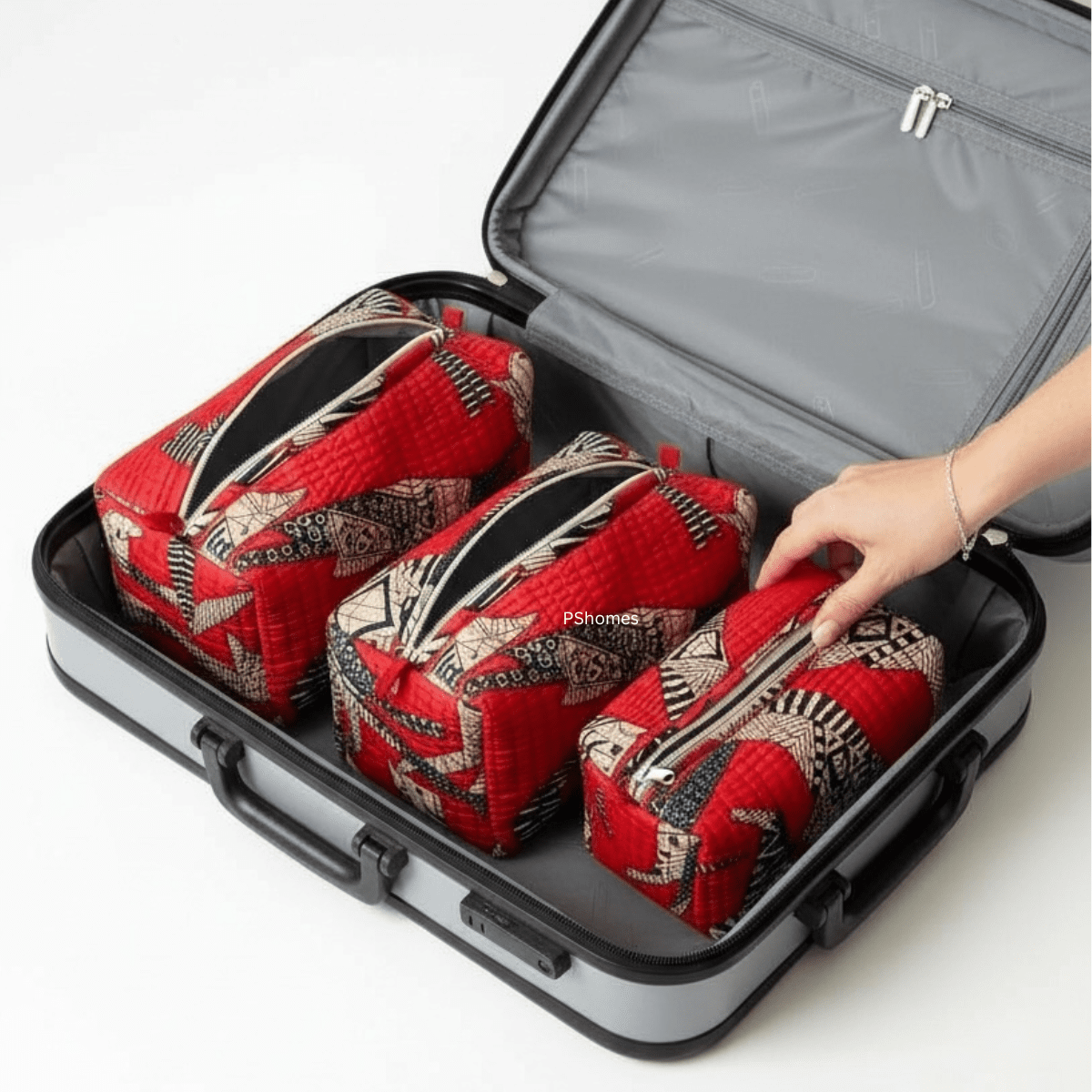 3PC 100% Cotton Quilted Travel Makeup Bag Set– Waterproof Thick Lining – Travel Organiser on Brown Living™. SKU: 3POUCH-REDCAT. Img 20.