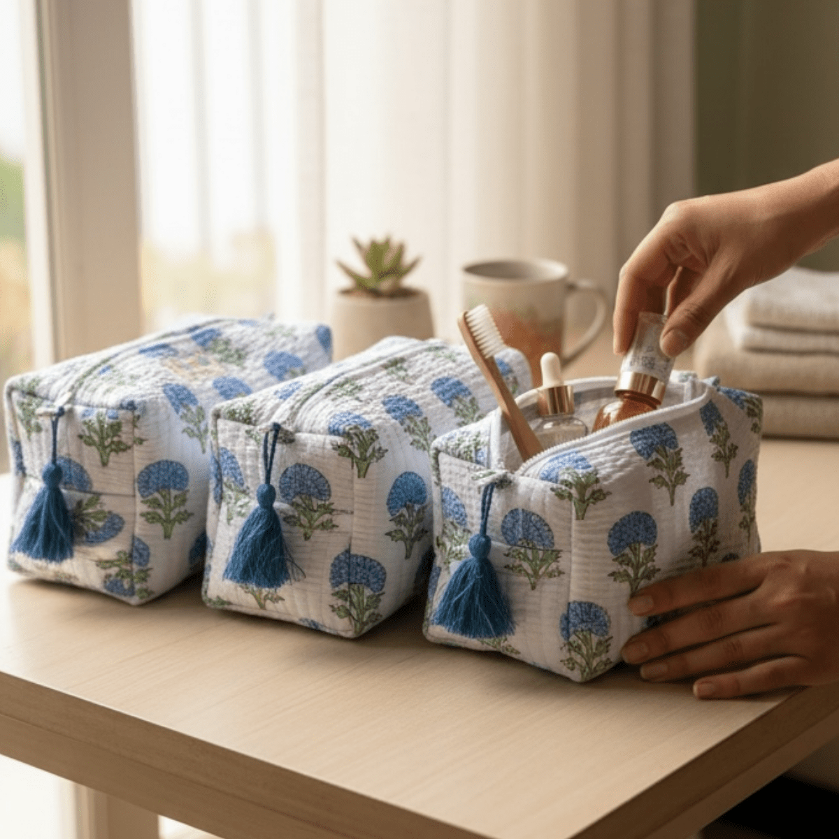 3PC Cotton Quilted Travel Makeup Bag Set Waterproof Lining – Travel Organiser on Brown Living™. SKU: 3POUCH-BLOCKFLOWER. Img 4.