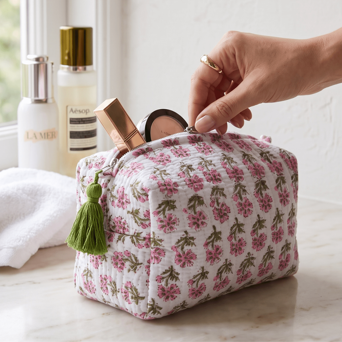 3PC Cotton Quilted Travel Makeup Bag Set Waterproof Lining – Travel Organiser on Brown Living™. SKU: 3POUCH-LUXEBUTTA. Img 32.