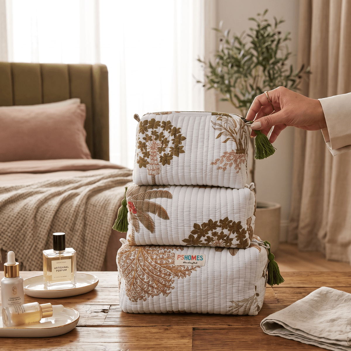 3PC Cotton Quilted Travel Makeup Bag Set Waterproof Lining – Travel Organiser on Brown Living™. SKU: 3POUCH-TIGERPALM. Img 30.