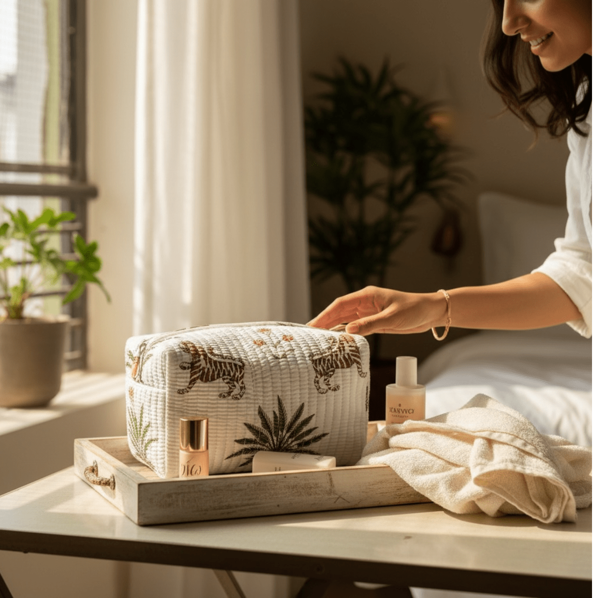3PC Cotton Quilted Travel Makeup Bag Set Waterproof Lining – Travel Organiser on Brown Living™. SKU: 3POUCH-TIGERPALM. Img 26.