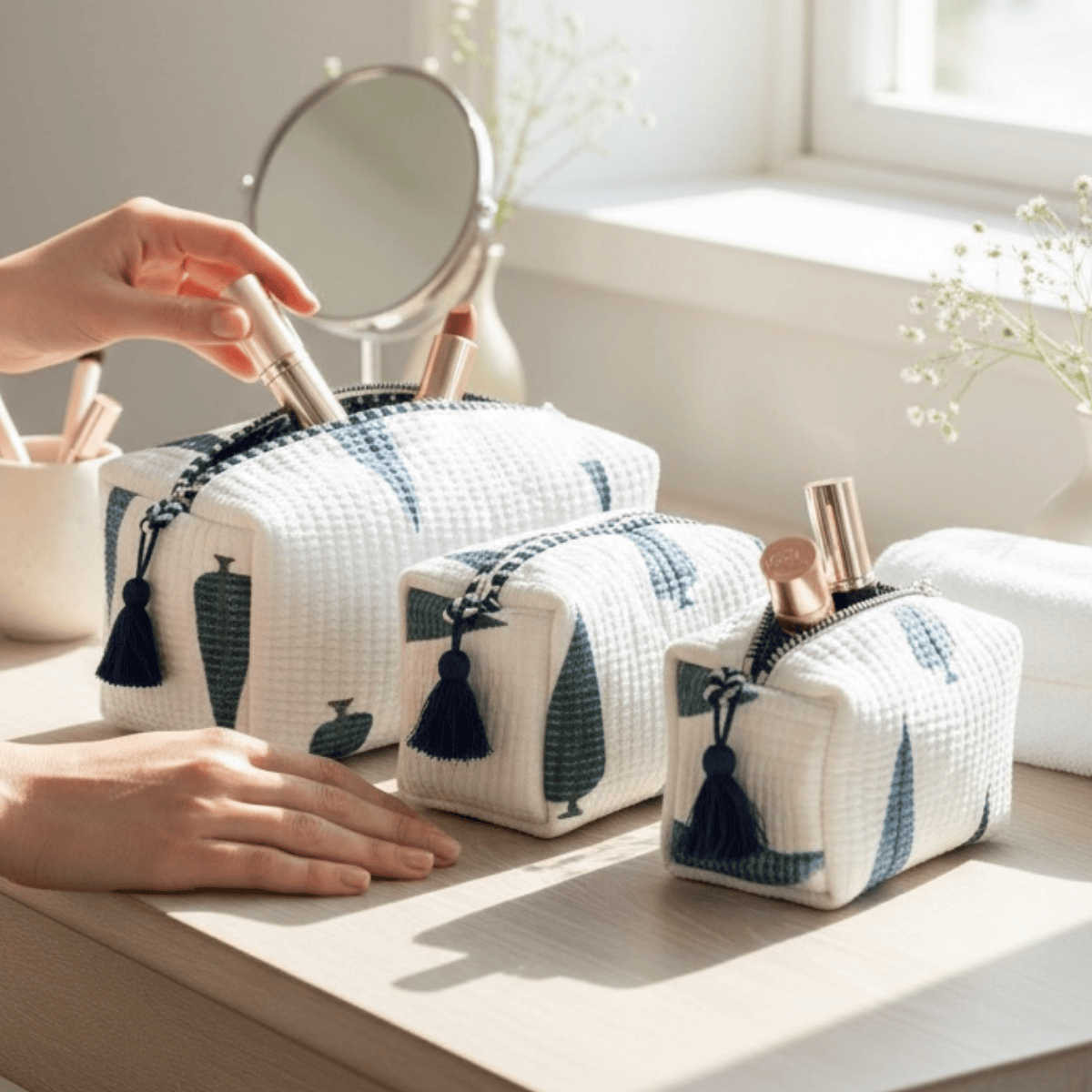 3PC Cotton Quilted Travel Makeup Bag Set Waterproof Lining – Travel Organiser on Brown Living™. SKU: 3POUCH-VELVETLEAF. Img 9.