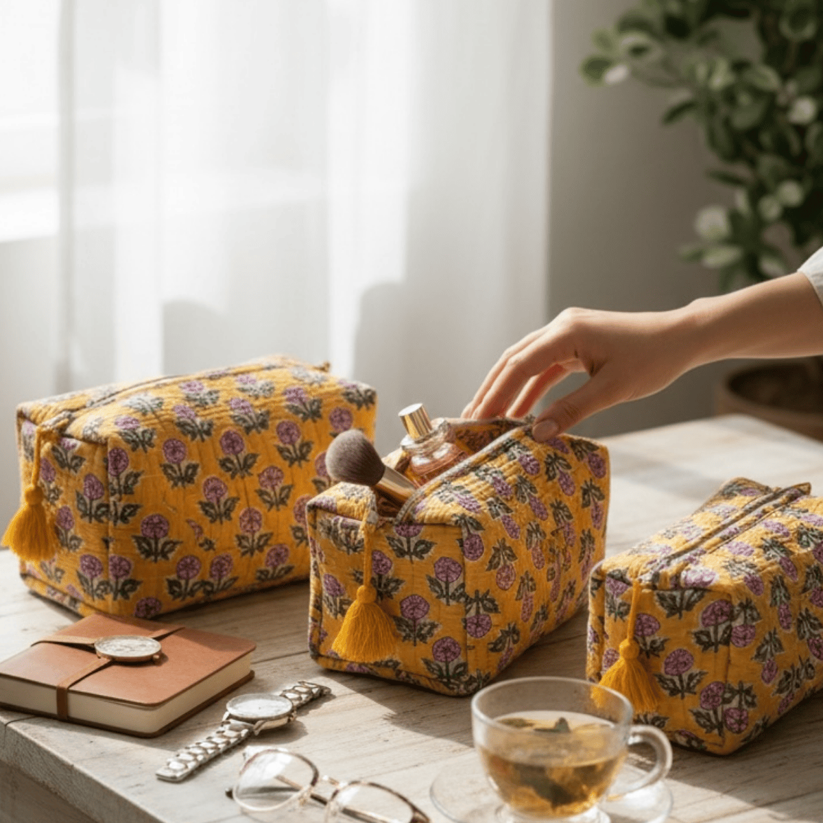 3PC Cotton Quilted Travel Makeup Bag Set Waterproof Lining – Travel Organiser on Brown Living™. SKU: 3POUCH-YELLOWBUTTA. Img 10.