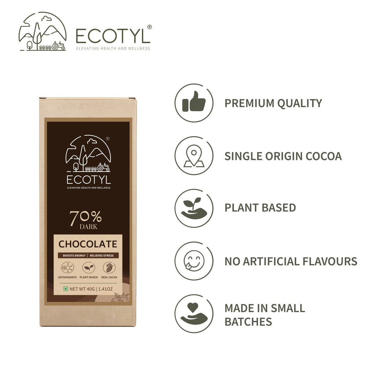 70% Dark Chocolate | Rich Cacao | Premium Indulgence | 40g – Chocolates on Brown Living™. SKU: ECOTYL00054. Img 3.