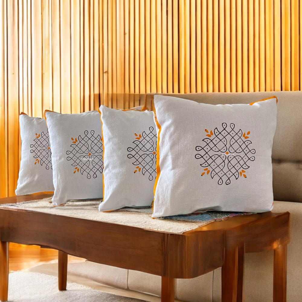 Kolam Handblock Cotton Cushion Covers with Zipper - Set of 4