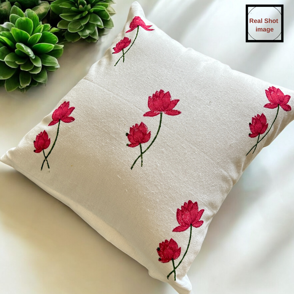 Lotus Handblock Cotton Cushion Covers with Zipper- Set of 4