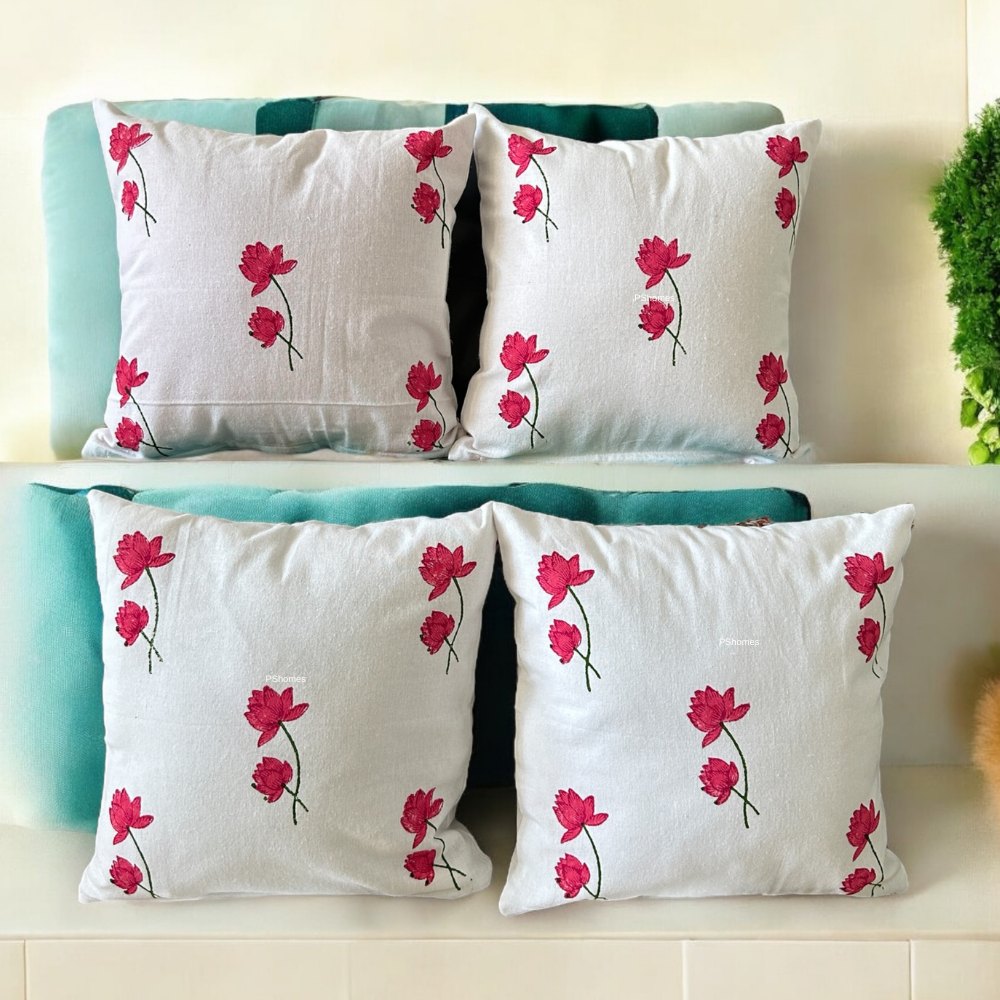 Lotus Handblock Cotton Cushion Covers with Zipper- Set of 4