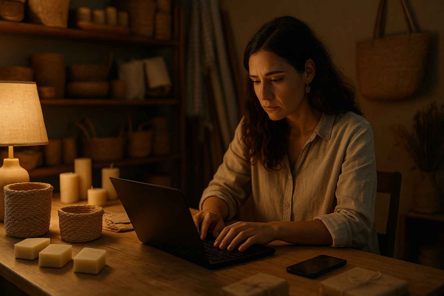 Woman using a laptop in a dimly lit room with candles and decorative items.