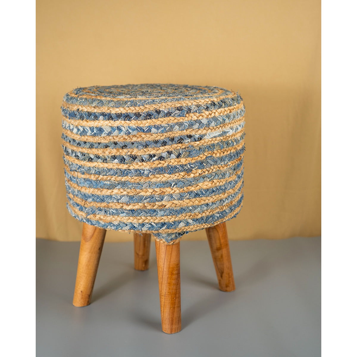Jute Denim Stool | Blue Beige Handcrafted Wooden Seating