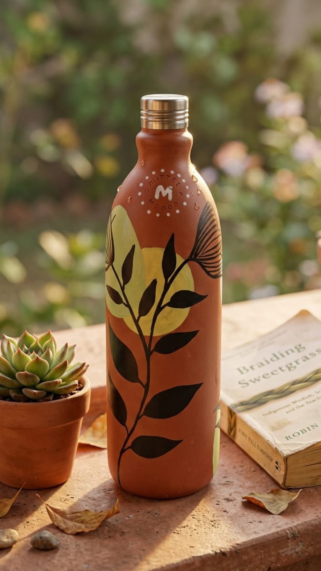 Clay Bottle Steel Cap Hand Painted Boho Design