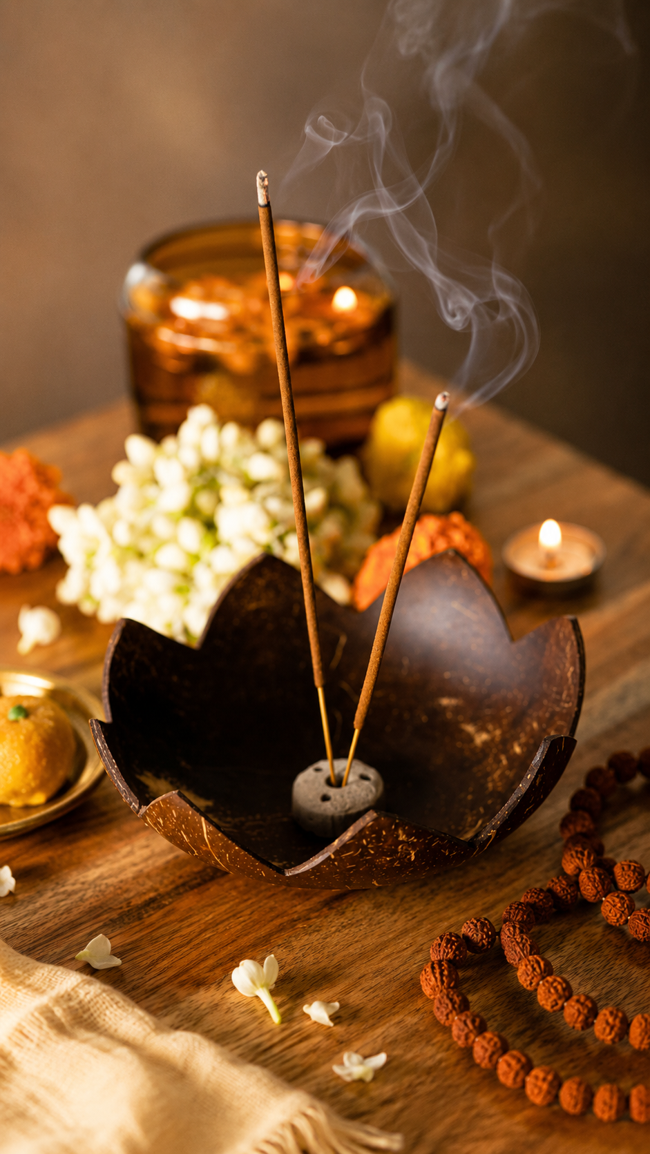 Coconut Shell Agarbatti Stand with Ash Catcher | Incense Stick Holder